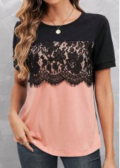 Dusty Pink tops,Black tops,Contrast Color tops,ROTITA Lace Dusty Pink Round Neck T Shirt