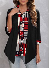 Black tops,Geometric tops,Striped tops,ROTITA Fake 2in1 Geometric Print Black Shirt Collar Blouse