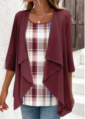 Deep Red tops,Plaid tops,Striped tops,Geometric tops,ROTITA Fake 2in1 Plaid Deep Red Scoop Neck Blouse
