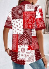 Red tops,Tribal tops,ROTITA Patchwork Red Shirt Collar Short Sleeve Blouse