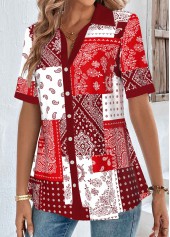 Red tops,Tribal tops,ROTITA Patchwork Red Shirt Collar Short Sleeve Blouse