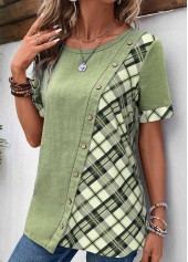 Sage Green tops,Plaid tops,ROTITA Asymmetry Plaid Sage Green Scoop Neck Blouse