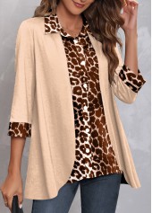 Rotita Fake 2in1 Bluse mit Leoparden-Hemdkragen in hellem Kamel