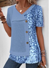 Dusty Blue tops,Contrast Color tops,ROTITA Sequin Dusty Blue Asymmetrical Neck Blouse