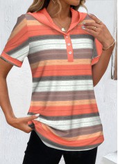 Orange tops,Striped tops,Geometric tops,ROTITA Button Striped Orange Hooded Short Sleeve T Shirt