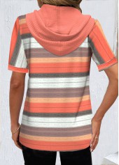 Orange tops,Striped tops,Geometric tops,ROTITA Button Striped Orange Hooded Short Sleeve T Shirt