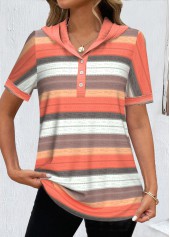 ROTITA Button Striped Orange Hooded Short Sleeve T Shirt