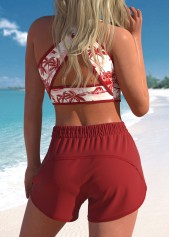 Deep Red swimwear,White swimwear,Plants swimwear,ROTITA Criss Cross Button Deep Red Bikini Set
