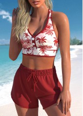 Deep Red swimwear,White swimwear,Plants swimwear,ROTITA Criss Cross Button Deep Red Bikini Set