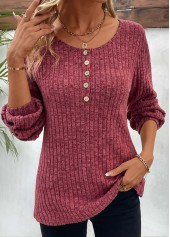 Dark Reddish Purple Round Neck Button T Shirt