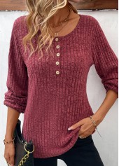 Dark Reddish Purple tops,Plain Color tops,Dark Reddish Purple Round Neck Button T Shirt