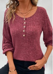Dark Reddish Purple tops,Plain Color tops,Dark Reddish Purple Round Neck Button T Shirt