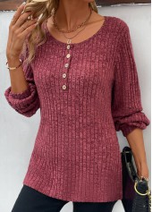 Dark Reddish Purple tops,Plain Color tops,Dark Reddish Purple Round Neck Button T Shirt