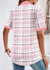 Light Pink tops,Plaid tops,ROTITA Button Plaid Light Pink Shirt Collar Blouse