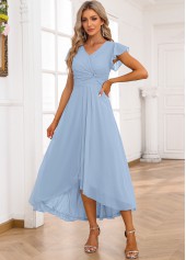 Light Blue dresses,Plain Color dresses,Party dresses,Elegant dresses,ROTITA Twist Light Blue High Low V Neck Dress