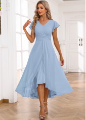 Light Blue dresses,Plain Color dresses,Party dresses,Elegant dresses,ROTITA Twist Light Blue High Low V Neck Dress