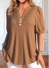 Dark Camel tops,Plain Color tops,ROTITA Lace Dark Camel Split Neck Short Sleeve Blouse