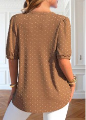 Dark Camel tops,Plain Color tops,ROTITA Lace Dark Camel Split Neck Short Sleeve Blouse