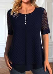 ROTITA Fake 2in1 Navy Round Neck Short Sleeve Blouse