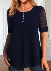 Navy tops,Plain Color tops,ROTITA Fake 2in1 Navy Round Neck Short Sleeve Blouse
