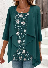 Blackish Green tops,Floral tops,ROTITA Fake 2in1 Floral Print Blackish Green Blouse