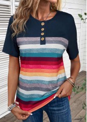 ROTITA Button Striped Navy Round Neck T Shirt