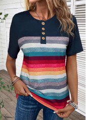 Navy tops,Rainbow Color tops,Striped tops,Geometric tops,ROTITA Button Striped Navy Round Neck T Shirt