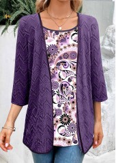 Dark Purple tops,Paisley tops,Floral tops,ROTITA Fake 2in1 Paisley Print Dark Purple Blouse