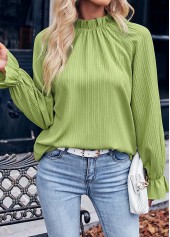 Avocado Green tops,Plain Color tops,Ruched Avocado Green Stand Collar Long Sleeve Blouse