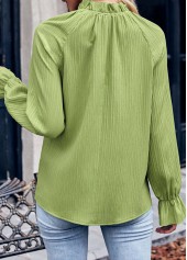 Avocado Green tops,Plain Color tops,Ruched Avocado Green Stand Collar Long Sleeve Blouse