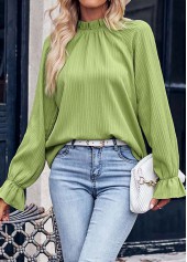 Avocado Green tops,Plain Color tops,Ruched Avocado Green Stand Collar Long Sleeve Blouse