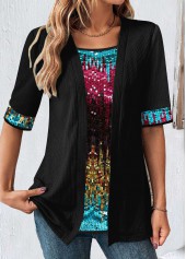 Rotita – schwarzes kurzärmliges gefälschtes zweiteiliges Twinset mit eckigem Ausschnitt