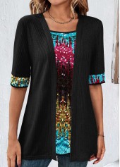 Black tops,Contrast Color tops,ROTITA Black Square Neck Short Sleeve Fake Two Piece Twinset