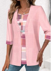 Pink tops,Geometric tops,Striped tops,ROTITA Geometric Print Pink Square Neck Fake Two Piece Twinset