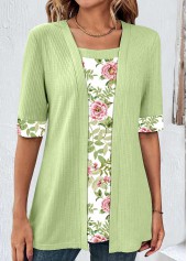 Avocado Green tops,Floral tops,Plants tops,ROTITA Patchwork Floral Print Avocado Green Fake Two Piece Twinset