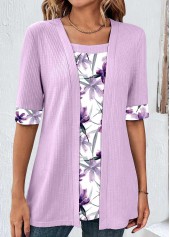 Light Purple tops,Floral tops,Plants tops,ROTITA Plus Size Light Purple Fake Two Piece Twinset