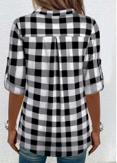 Black tops,Plaid tops,ROTITA Button Plaid Black Split Neck Blouse