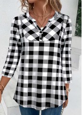 Black tops,Plaid tops,ROTITA Button Plaid Black Split Neck Blouse