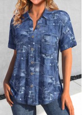 Denim Blue tops,Other tops,ROTITA Pocket Denim Blue Shirt Collar Short Sleeve Blouse