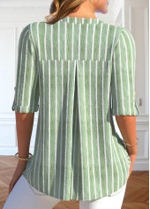 Light Green tops,Striped tops,Geometric tops,ROTITA Button Striped Light Green Split Neck Blouse