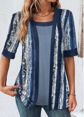 Rotita gefälschtes 2-in-1-T-Shirt mit geometrischem Aufdruck in Marineblau