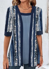 Navy tops,Geometric tops,Striped tops,ROTITA Fake 2in1 Geometric Print Navy T Shirt