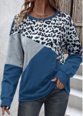 Rotita-Patchwork-Leoparden-Sweatshirt in Staubblau mit Rundhalsausschnitt