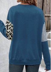 Dusty Blue tops,Leopard tops,Geometric tops,ROTITA Patchwork Leopard Dusty Blue Round Neck Sweatshirt