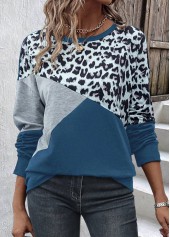 Dusty Blue tops,Leopard tops,Geometric tops,ROTITA Patchwork Leopard Dusty Blue Round Neck Sweatshirt
