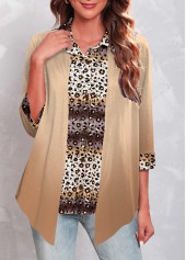 Light Camel tops,Leopard tops,ROTITA Fake 2in1 Leopard Light Camel Shirt Collar Blouse