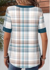 Multi Color tops,Plaid tops,Ombre tops,ROTITA Lace Up Plaid Multi Color Split Neck Blouse