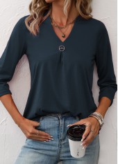 Navy tops,Plain Color tops,ROTITA Circular Ring Navy Split Neck T Shirt