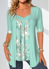 Rotita Patchwork Blumendruck Mintgrün Fake Zweiteiler Twinset