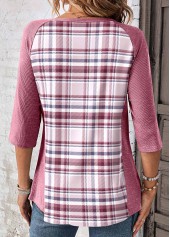Pink tops,Plaid tops,ROTITA Patchwork Plaid Pink Scoop Neck T Shirt